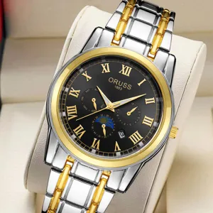 Men quartz watch with stainless steel two-tone strap and black roman numeral dial.
