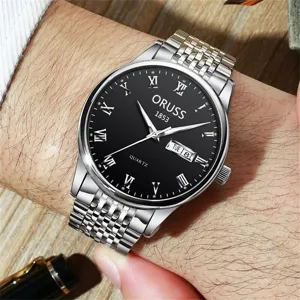 Men's quartz watch with black dial Roman numerals and metal strap detail shot for daily wear.