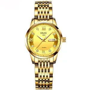 Reloj de cuarzo dorado para mujer con correa metálica, esfera redonda y visualización de fecha.