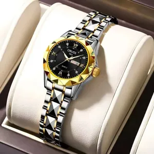 Women luxury quartz watch with diamond-cut bezel stainless steel strap waterproof calendar