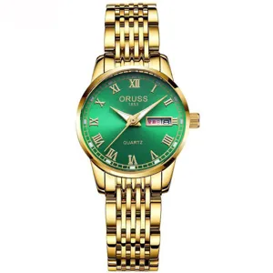 Elegante reloj de cuarzo para mujer dorado con esfera verde números romanos calendario.