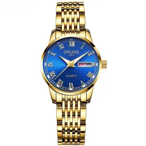Detalles del reloj de cuarzo dorado para mujer con esfera azul y práctica ventana de fecha.