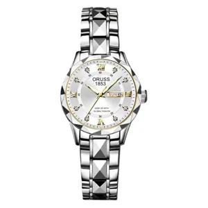 Women fashion luxury quartz watch with geometric cut bezel and dual calendar display.