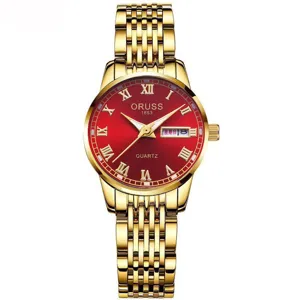 Elegante reloj de cuarzo para mujer con correa de acero dorada y esfera roja con fecha