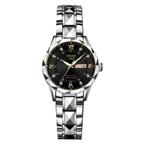 Women's fashion quartz watch with diamond-cut steel strap, double calendar, and luxury dial.