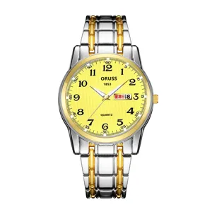Men's quartz watch with yellow dial stainless steel strap dual calendar luxury business timepiece
