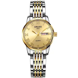 Vista detallada reloj cuarzo bicolor mujer, esfera dorada, números romanos, pulsera acero.