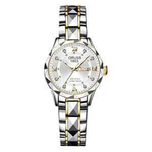 Detailed view of women silver gold quartz watch faceted bezel rhinestone dial luxury