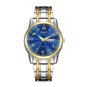 Men quartz watch with blue textured dial, Arabic numerals, two-tone stainless steel band.
