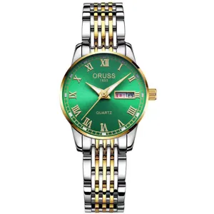 Reloj de cuarzo para mujer con esfera verde, números romanos, ventana de fecha y pulsera bicolor.