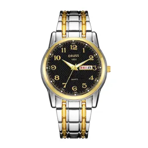 Men's quartz watch with dual-tone steel strap, black textured dial, and calendar display.