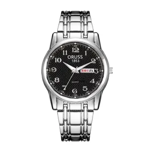 Men's quartz watch with stainless steel strap, textured dial and dual calendar display.