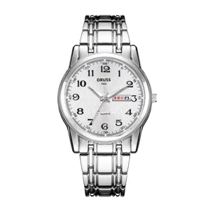 Detailed view of men's silver quartz watch with white textured dial, Arabic numerals and date.