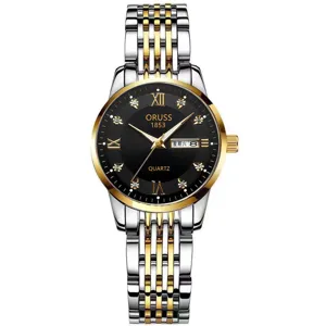 Reloj de Mujer Bicolor Cuarzo Esfera Negra Correa de Acero Inoxidable Calendario Nuevo
