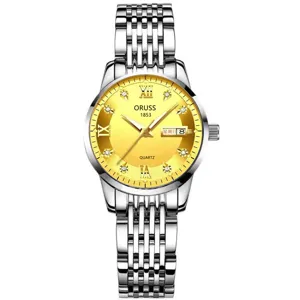 Elegante reloj de cuarzo para mujer con esfera dorada, calendario y correa de acero.
