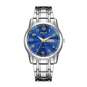 Detailed view of men's quartz watch featuring a blue textured dial and stainless steel strap.