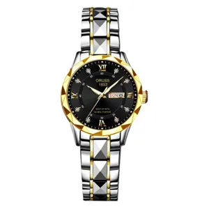 Close-up of women's quartz watch featuring diamond-cut bezel and two-tone metal bracelet.