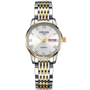 Elegante reloj de cuarzo para mujer con correa metálica bicolor, números romanos y calendario.