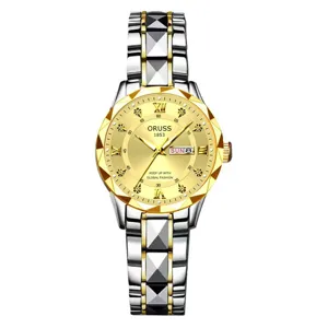Detailed view of women's quartz watch with gold-tone diamond-cut bezel and two-tone strap.
