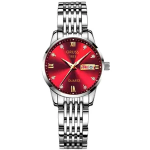 Reloj De Cuarzo Mujer Esfera Roja Correa Acero Inoxidable Fecha Moda Elegante