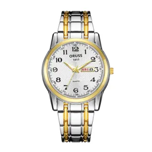 Men's quartz watch with stainless steel two-tone strap and convenient calendar dial display.