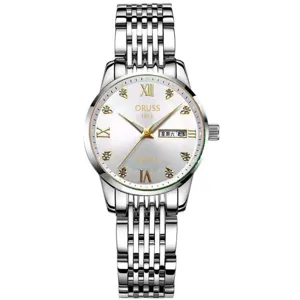 Elegante reloj de cuarzo para mujer con correa de acero inoxidable y calendario.