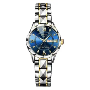 Fashion Luxury Alloy Women Quartz Watch Rhombic Cutting Waterproof Dual Calendar Luminous Rhinestone Stainless Steel Buckle Ladies Wristwatch