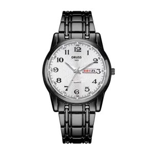 Men black quartz watch with white textured dial, Arabic numerals and calendar display.