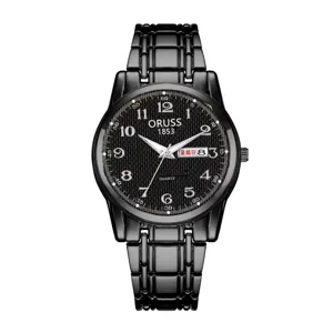 Men's black quartz watch with steel strap, calendar display, and clear numeric dial for daily.
