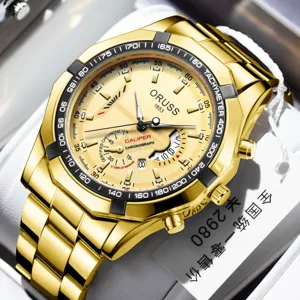 Elegante goldene Herren Automatikuhr mit Edelstahlarmband, Chronograph Zifferblatt und Datum.