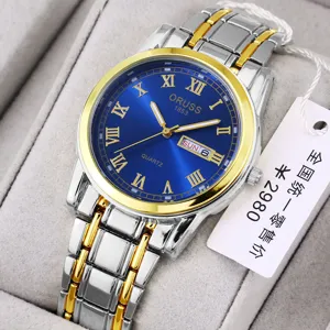 Business Men Quartz Wristwatch Stainless Steel Luminous Waterproof Round Sunburst Dial Watch With Day Date Roman Numerals Post Luxury Metal Strap Watch For Office Daily
