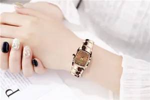 Women's square quartz watch featuring a stylish brown dial and elegant rose gold steel strap.