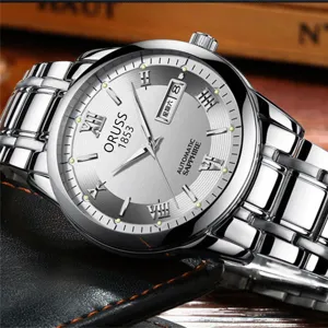 Reloj automático para hombre de acero inoxidable esfera plateada lujo negocio impermeable muñeca