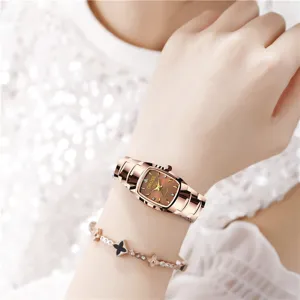 Women square quartz watch rose gold steel strap brown dial fashion elegant wristwatch.