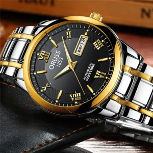 Reloj de pulsera mecánico automático para hombre correa de acero inoxidable bicolor