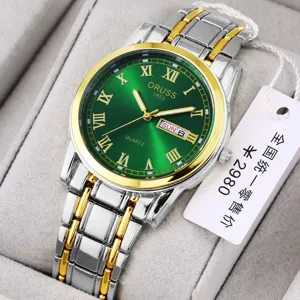 Men's luxury quartz watch with green dial Roman numerals two-tone stainless steel strap