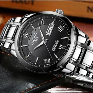 Reloj Automático de Lujo para Hombre de Acero Inoxidable Esfera Negra Números Romanos Fecha