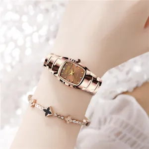 Elegant women quartz watch rose gold stainless steel strap with charming clover bracelet design