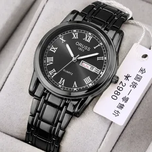 Black men quartz watch with roman numerals calendar display and metal steel strap.
