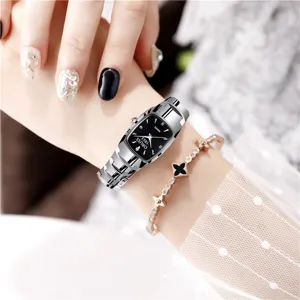 Stylish women's quartz watch with square black dial and metallic steel strap elegant timepiece