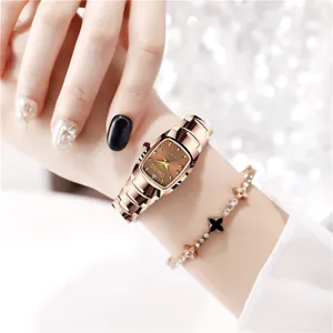 Close-up detail shot of the elegant rose gold quartz women watch with unique tonneau dial.