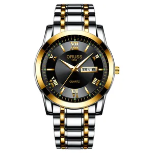 Elegante reloj de cuarzo para hombre con esfera negra y correa de acero bicolor.