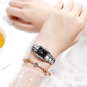 Elegant women's quartz watch with sleek steel strap and classic black dial for daily wear.