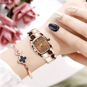 Fashion quartz watch with tungsten steel strap and stylish clover bracelet for women.
