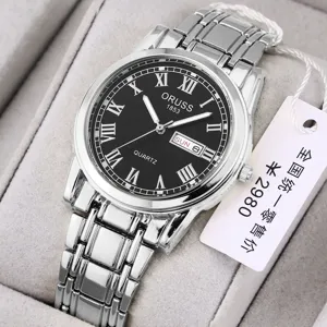 ORUSS men's quartz watch with silver metal strap, round black dial, and date display.