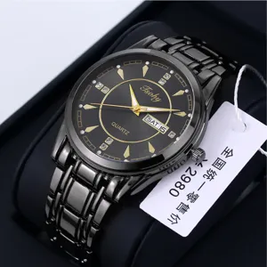 Men's quartz watch with black metal strap, dial, gold hands, and calendar display for daily use.