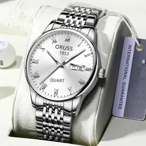 Silver stainless steel men's watch featuring white dial, roman numerals and date display.