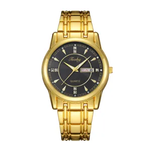 Men's luxury gold quartz watch with black dial, stainless steel strap and dual calendar display.