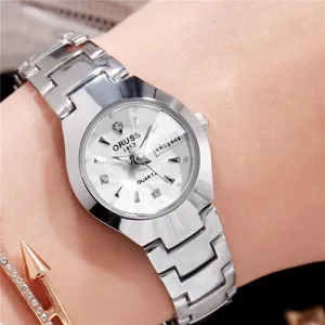 Silver metal quartz watch for women with stylish dial, calendar display and durable strap.