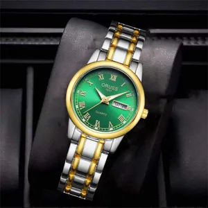 Vue détaillée de la montre quartz femme, cadran vert, chiffres romains, bracelet bicolore.